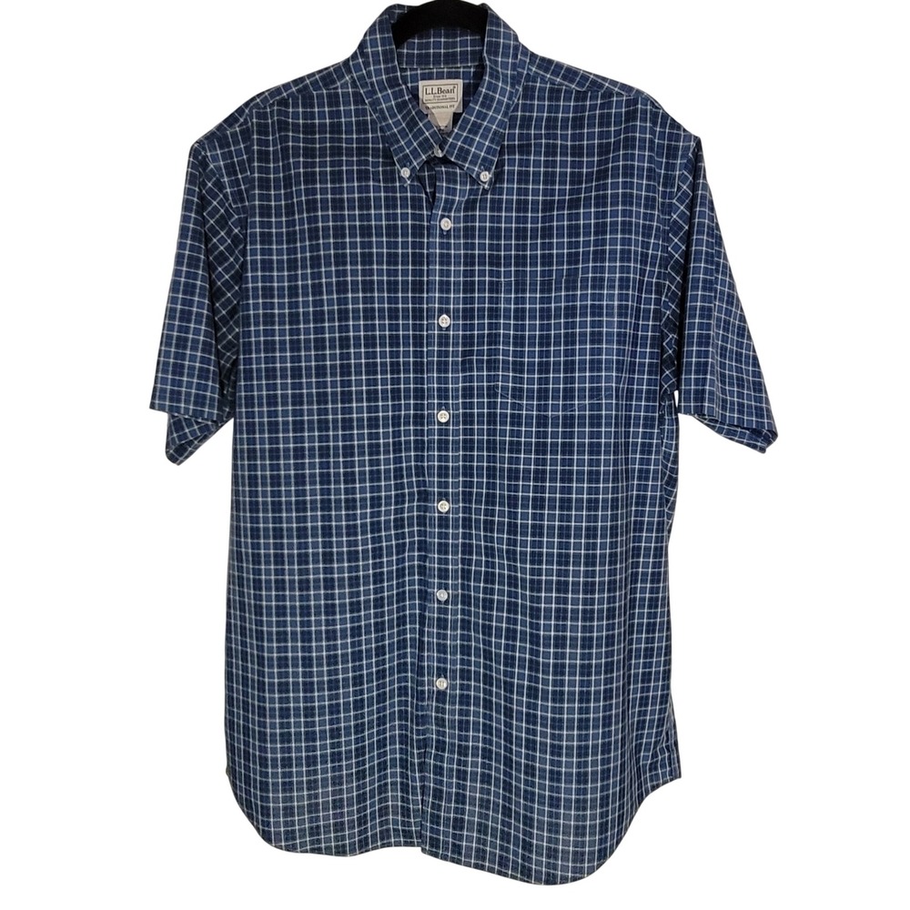 LL‎ Bean Button Down Shirt Mens L Blue Grid Check Short Sleeve Traditional Fit